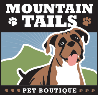 A brown and white dog with mountain tails logo.