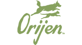A green dog jumping over the word " orijen ".